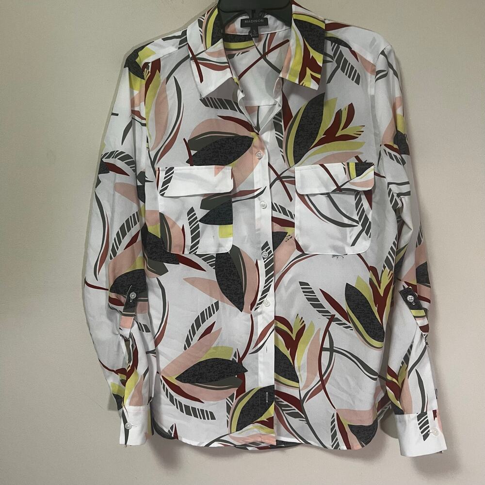 MADISON Womens L Floral Abstract Roll Tab Sleeve Boho Shirt L Button Front Fall
